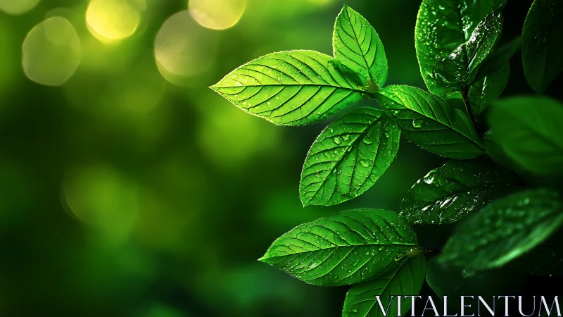 Macro close-up of dew-covered green leaves with bokeh background