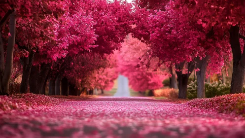 Dreamy pink blossom pathway inviting quiet, gentle wonder.