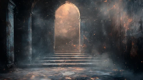 Architectural archway with volumetric light diffusion and particulate atmospheric rendering
