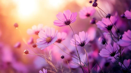 Pink cosmos flowers glow in warm sunset light with dreamy bokeh