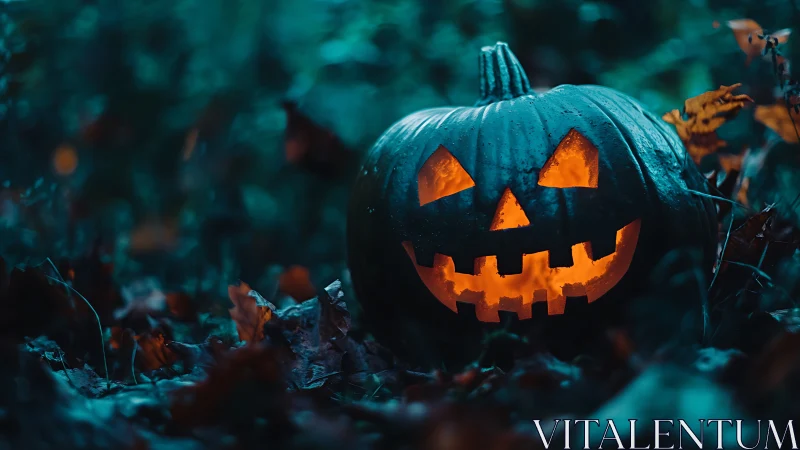 Pumpkin grin glowing in a moody twilight autumn forest.