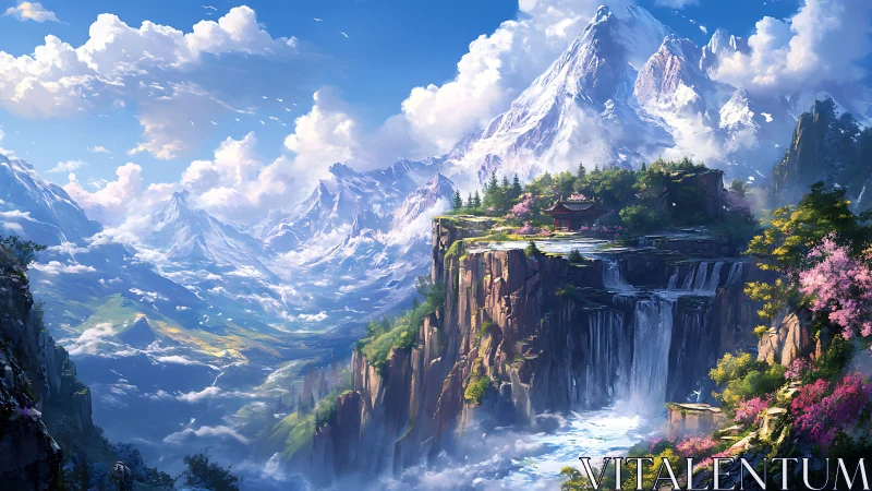 Mountain temple overlooks tall waterfalls under bright sky