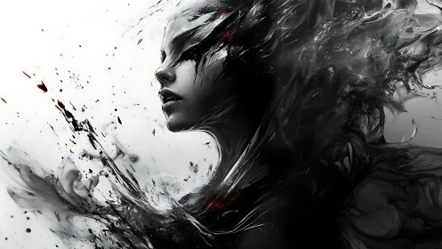 Monochrome female profile dissolving into dark fluid forms.