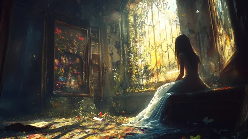 Solitary girl in decayed sunlit hall with overgrown window