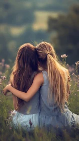 Two Young Women Embracing in Wildflower Field with Golden Hour Backlighting.