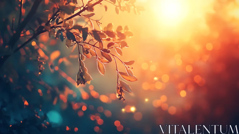 Golden hour branch with glowing leaves in dreamy bokeh style.