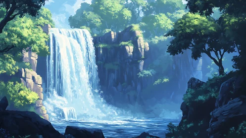 Majestic Waterfall Cascades Through Lush Forest Canyon