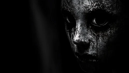 Corroded doll visage in dramatic low key chiaroscuro horror.
