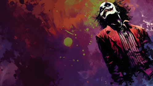 Clown-masked figure in red suit amid abstract splatter field.