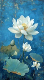 White lotus blossoms against textured cerulean ground.