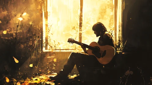 Backlit guitarist silhouette in abandoned sunlit interior