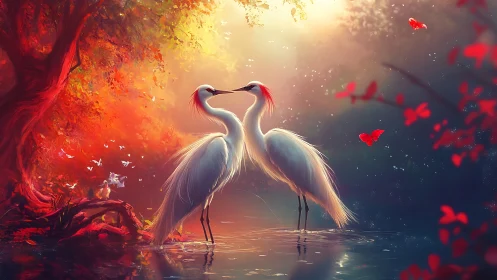 Two Cranes Form Heart Shape in Golden Sunset Glow
