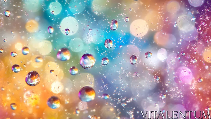 Prismatic droplets drift like tiny planets through blurred starlight