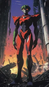 Neon mecha sentinel rises amid burning twilight ruins.