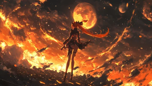 Fiery sky swirls around a lone warrior under twin moons