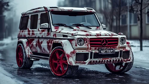 Snow-wet urban G-Class SUV with red splatter wrap and rims.