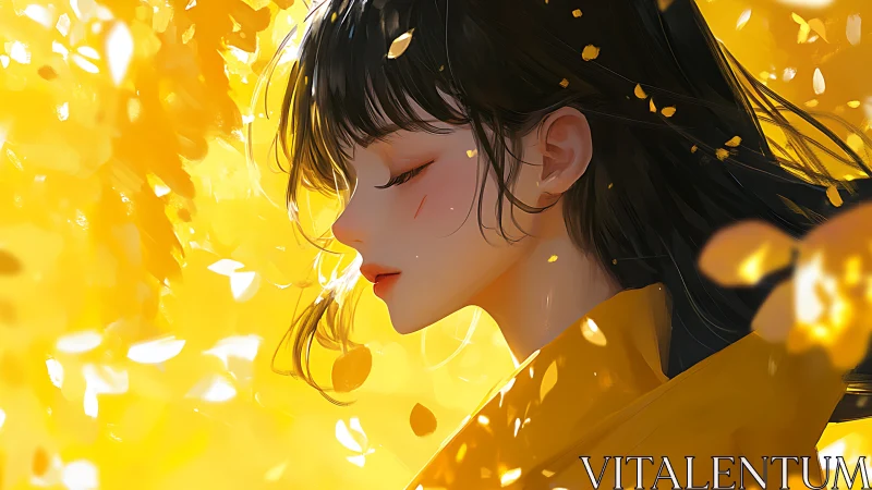 Profile portrait of girl in yellow leaves, eyes closed.
