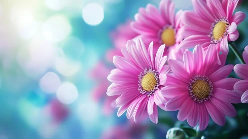 Pink Gerbera Daisies with Yellow Centers Against Soft Blue Bokeh Background