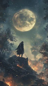 Solitary cloaked figure on burning ridge under large moon.