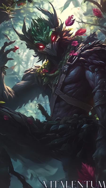 Forest guardian made of wood and leaves stands in misty jungle