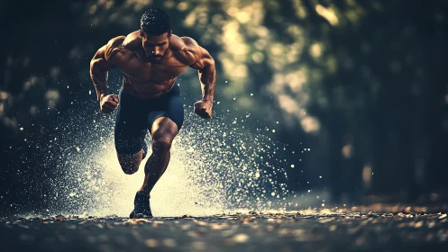 Powerful runner explodes into a sprint along a misty path