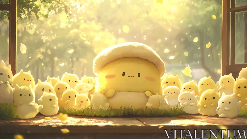 Yellow plush-style creatures grouped in soft forest light.