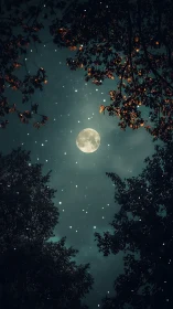Moonlit forest sky inviting quiet late-night stargazing.