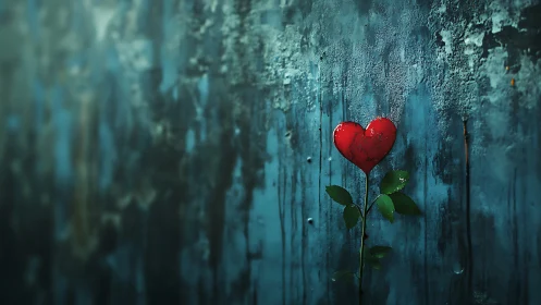Red Heart Flower Blooming Against Weathered Turquoise Wall