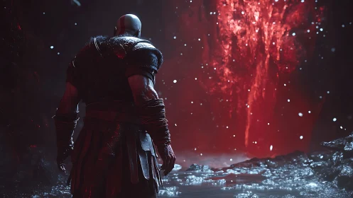 Battle-scarred warrior studies a bleeding red rift in stone