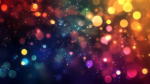 Glittering nebula of rainbow bokeh drifts through cosmic dark