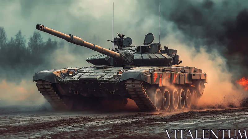 Modern battle tank charges through smoke and fire.