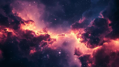 Stellar nebula corridor glows with vivid cosmic fire.