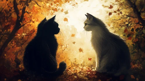 Two Cats Meet Beneath Autumn Trees in Glowing Light