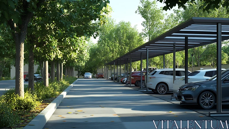 Modern Parking Structure with Pergola Canopy and Tree-Lined Design.