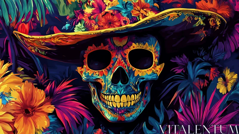 Chromatic calavera portrait integrates floral motifs with saturated contrast