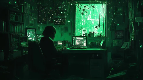 Individual at multi-screen workstation in green-lit room.