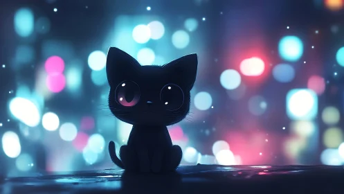 Tiny night-sky kitten glowing in dreamy city lights.