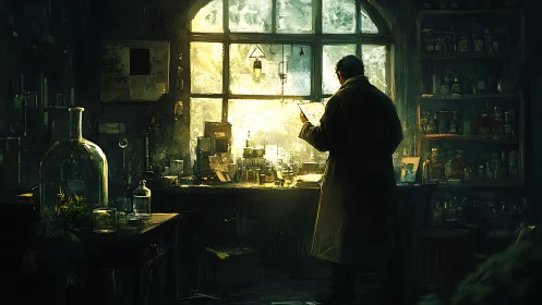 Solitary researcher in dim, cluttered laboratory interior.