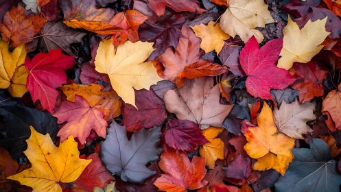 Close-up arrangement of multicolored fallen autumn leaves.