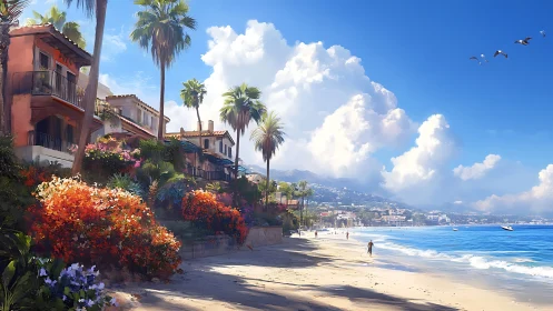 Coastal villas with lush foliage line a sunlit Mediterranean beach