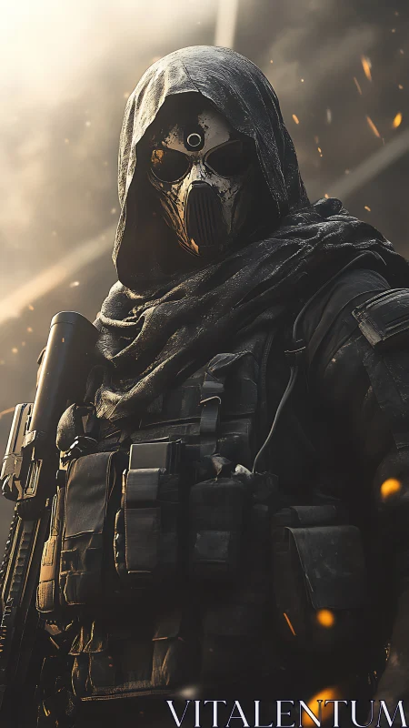 Masked tactical operative stands in burning battlefield haze