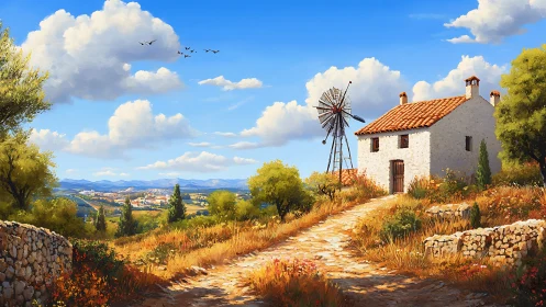Rural hillside dwelling with windmill under a clouded sky