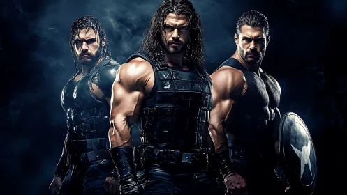 Three armored male warriors in tactical gear at night.