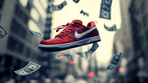 Floating red sneaker amid dollar bills in urban depth-of-field.