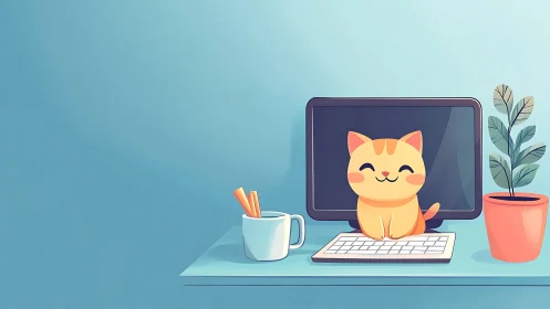 Cartoon cat sits on keyboard in front of computer monitor
