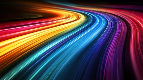 Curved multicolored light trails sweep across a dark space