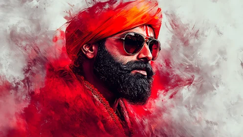Crimson-turbaned mystic in sunglasses against swirling light.