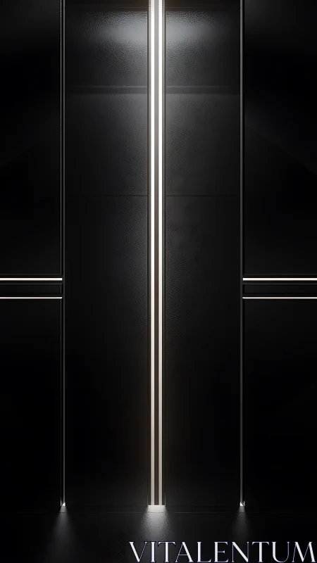 Symmetrical minimalist architectural composition with vertically aligned luminous centerline and tex