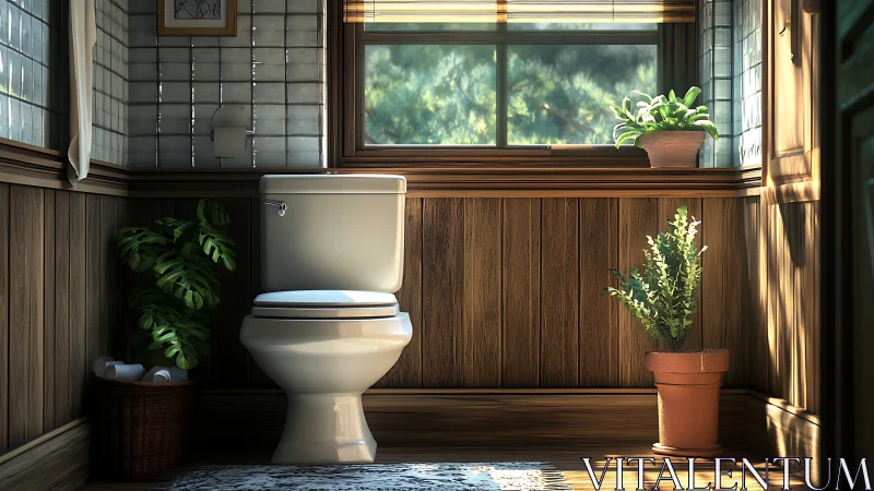Sunlit wooden bathroom blends greenery with serene comfort.
