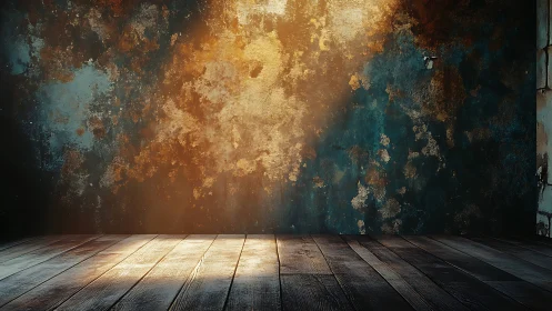 Warm shafted light across distressed teal concrete wall.